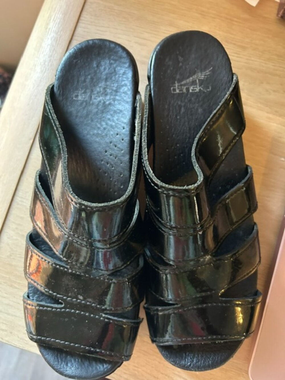 Dansko Black Patent Open Toe Clogs